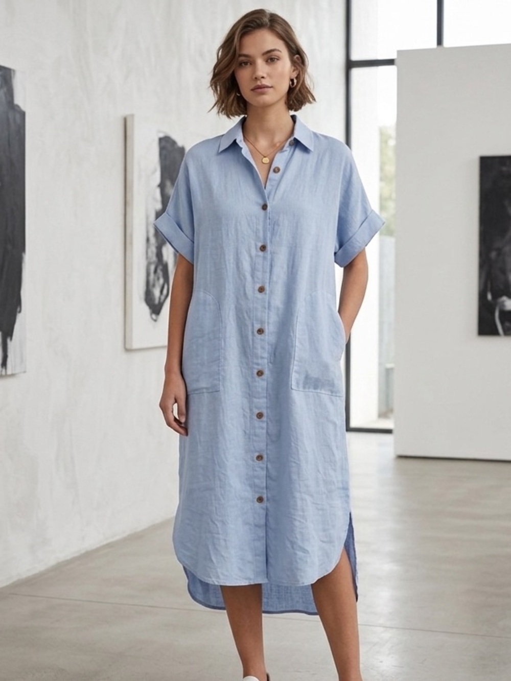 Zara Pale Blue Button-Up Shirt Dress